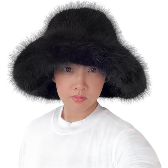 Accessories - Oversized Winter Faux Fur Bucket Hat for Women Black